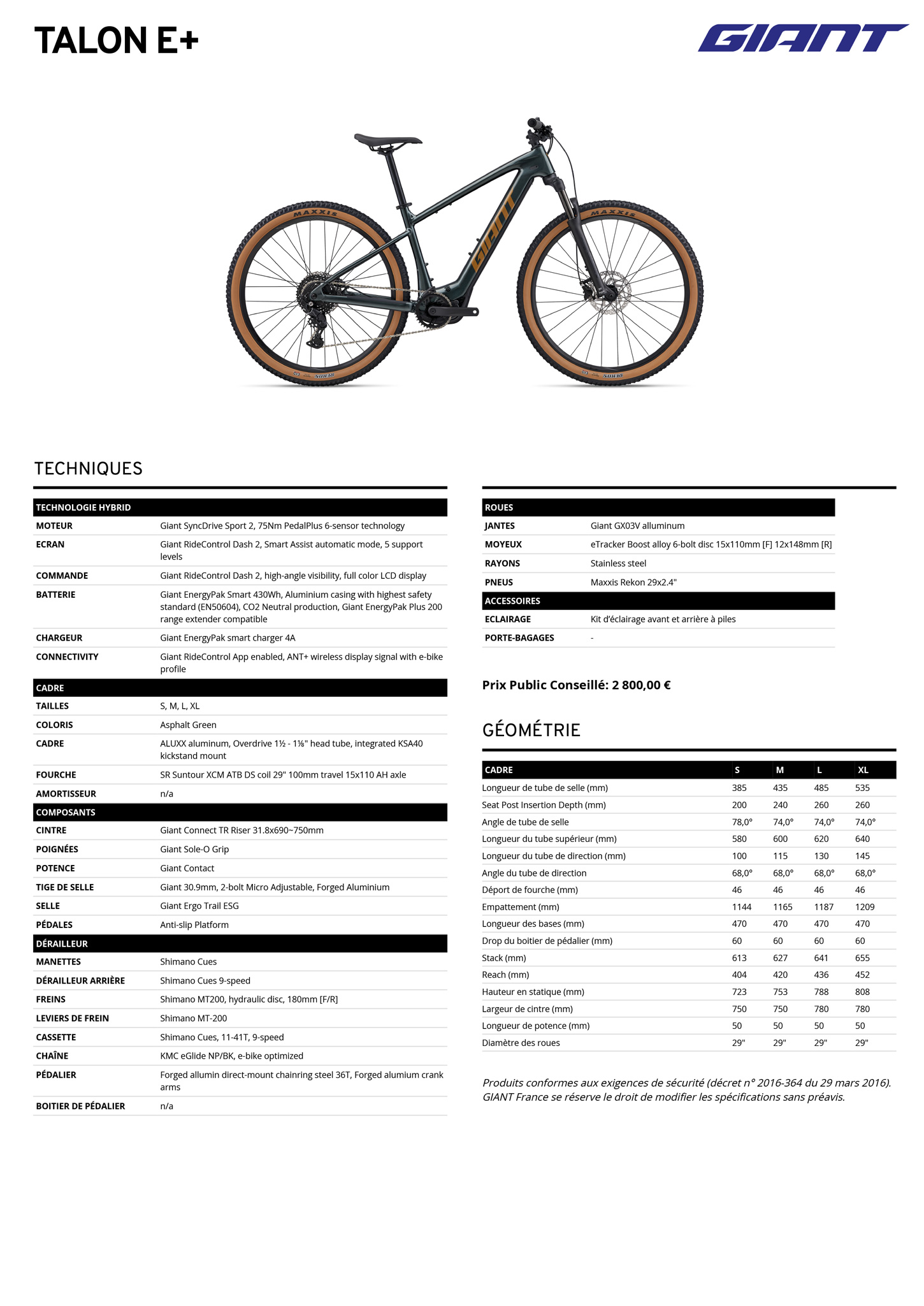 Fiche technique du velo électrique Talon E+ année 2026
